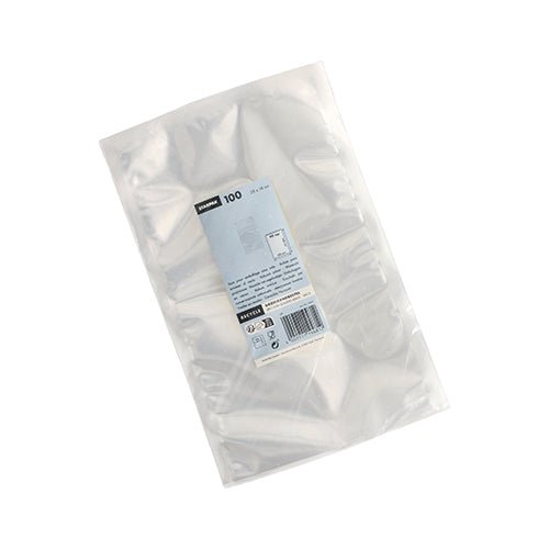 Läpinäkyvä muovipakkaus, jossa on 100 Starpak saumauspussia (PA/PE, 40 x 30 cm, läpinäkyvä) elintarvikkeille, sinivalkoisella etiketillä, jossa on tiedot ja määrä. Tuote on kuvattu valkoisella taustalla.