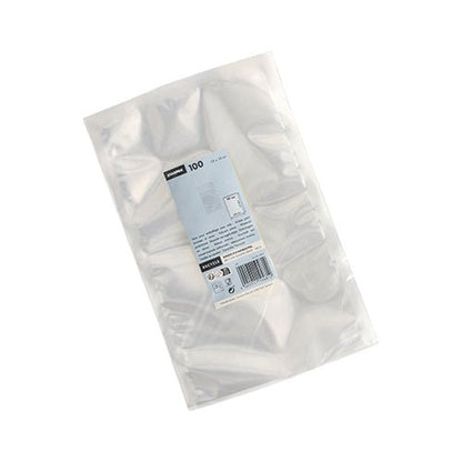 Läpinäkyvä muovipakkaus, jossa on 100 Starpak saumauspussia (PA/PE, 40 x 30 cm, läpinäkyvä) elintarvikkeille, sinivalkoisella etiketillä, jossa on tiedot ja määrä. Tuote on kuvattu valkoisella taustalla.