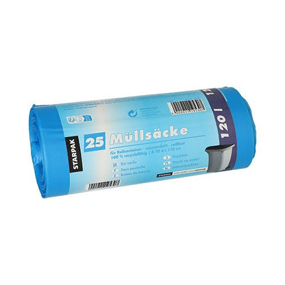 Starpak 25 roskapussia, HDPE 120 l (110 x 70 cm); jokaisessa tukevassa sinisessä pussissa on kierrätystiedot, mitat ja viivakoodi pakkauksessa helppoa viittausta varten.
