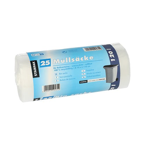 Rulla, jossa on 25 Starpak-roskapussia HDPE:stä, sinivalkoisella etiketillä, 120 l tilavuus (110 x 70 cm), mukaan lukien kierrätyksen yksityiskohdat saksaksi.