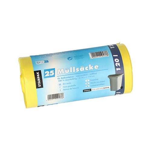 Rulla Starpak 25 roskapussia, HDPE 120 l (110 cm x 70 cm), sisältää keltaisen pussin, sinisen etiketin tekstillä '25 roskapussia', tuotetiedot ja pienen roskakuvakkeen.