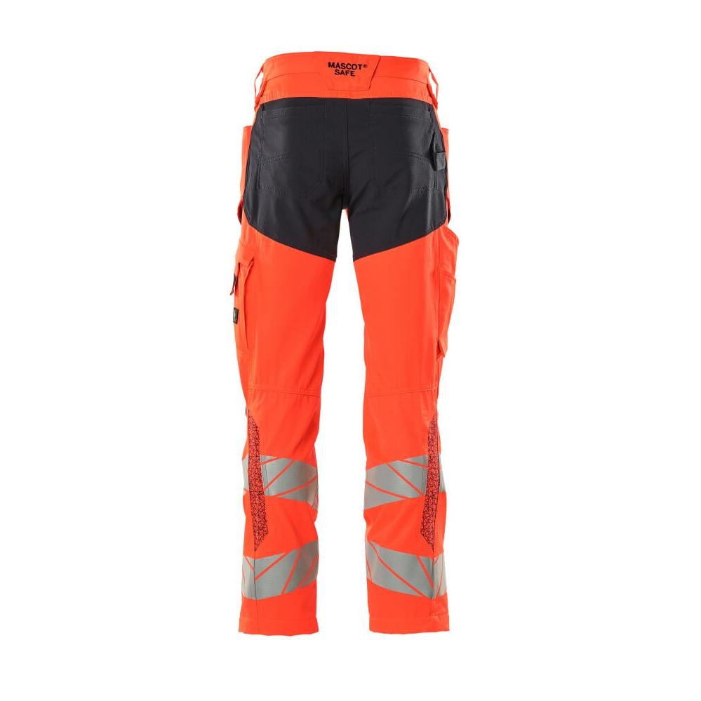 Housut polvitaskuilla, joustavat housut, hi-vis punainen/musta-sininen