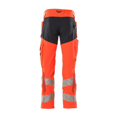 Housut polvitaskuilla, joustavat housut, hi-vis punainen/musta-sininen