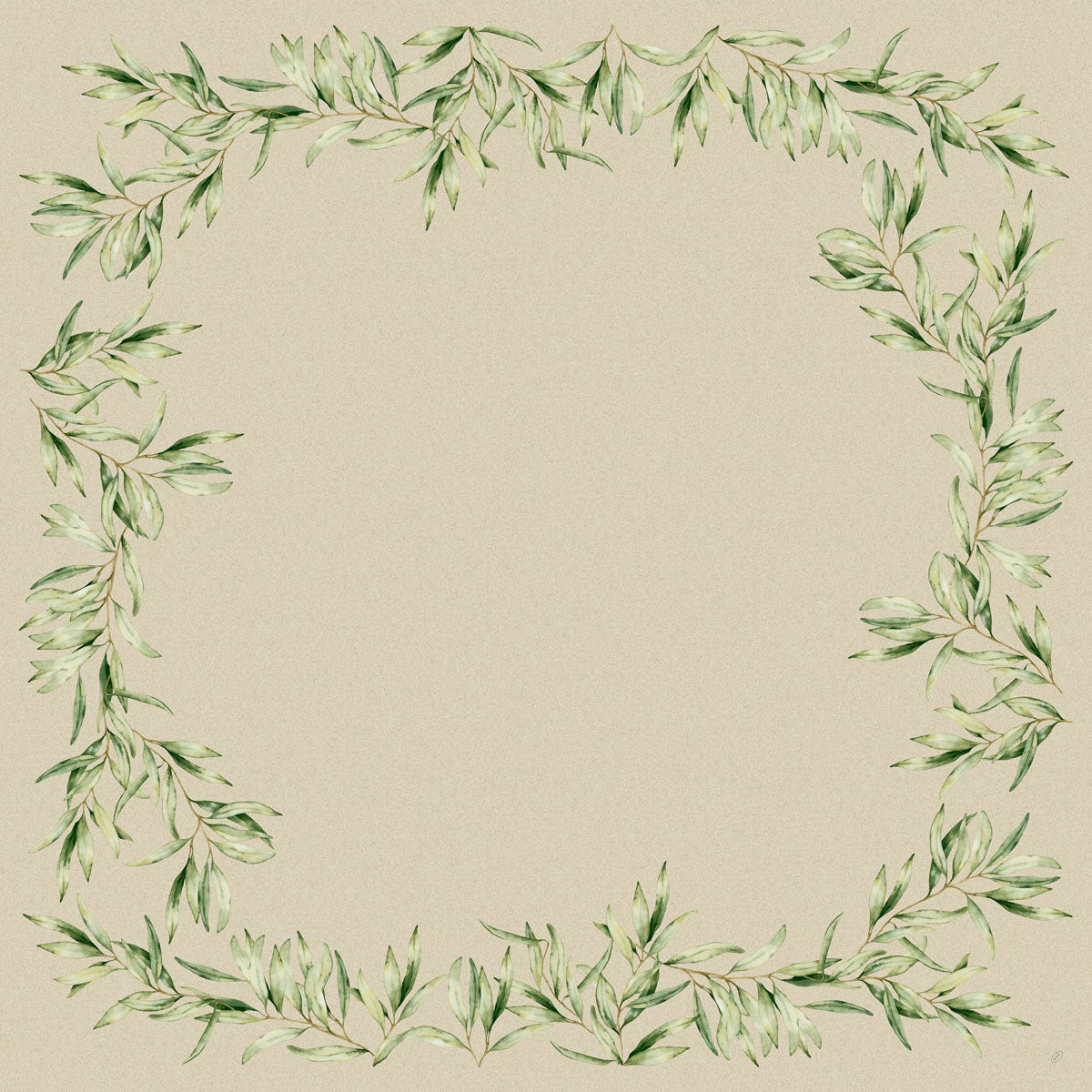 Quadratischer Blumenrahmen mit grünen Aquarellblättern auf beigefarbenem, strukturiertem Hintergrund, perfekt für die Präsentation von Duni GmbH Dunisilk-Mitteldecken 84 x 84 cm Foliage (20er Pack), mit einer leeren Mitte für Ihren Text oder Ihre Bilder.