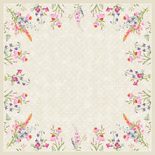 Ein quadratischer Rahmen mit farbenfrohen Aquarellblumen im Floret-Design und grünen Blättern hebt einen leeren, dezent strukturierten beigen Mittelpunkt hervor - ideal für die Dunicel Mitteldecke 84x84 cm Floret (Packung 20 Stück) der Duni GmbH als elegante Tischdekoration.