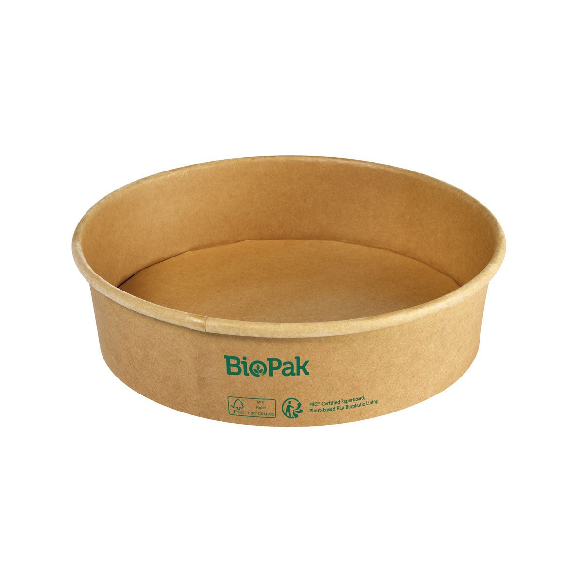 Duni GmbH:n Bowl Ronda WIDE+ Karton/PLA ruskea 900 ml FSC-kartongista, jossa on BioPak-logo ja vihreät kierrätyssymbolit, on pyöreä, ruskea ja esitetään 50 kappaleen pakkauksessa valkoisella taustalla.