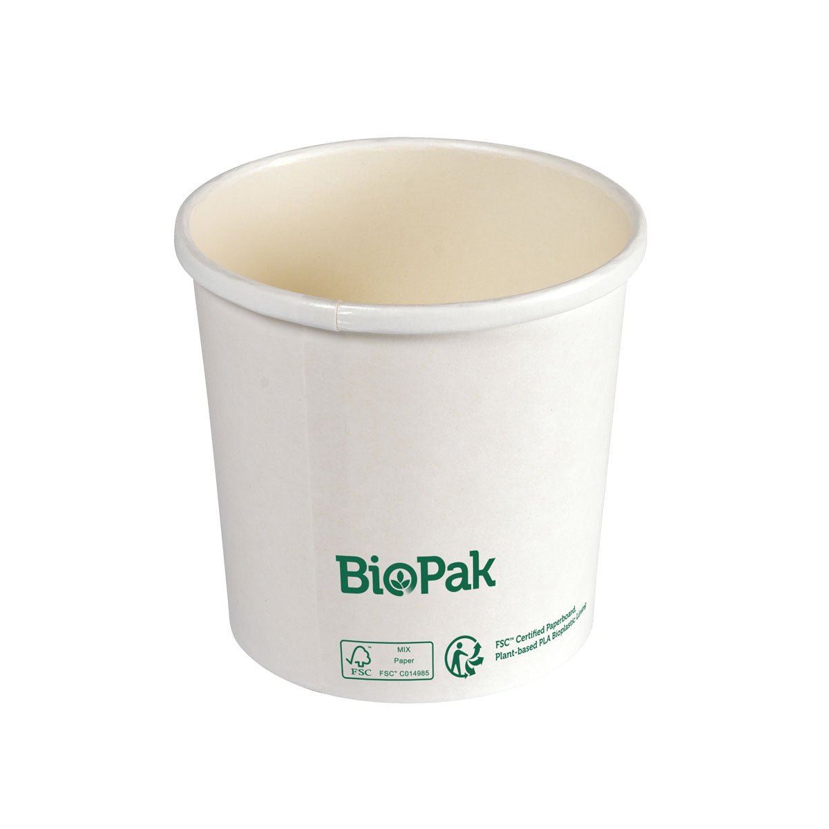 Valkoinen, biohajoava Ronda SHORT Karton/PLA -kulho Duni GmbH:lta, jossa on vihreä logo ja sertifiointisymbolit, kuvattuna valkoisella taustalla kestävänä vaihtoehtona perinteisille kertakäyttökulhoille.