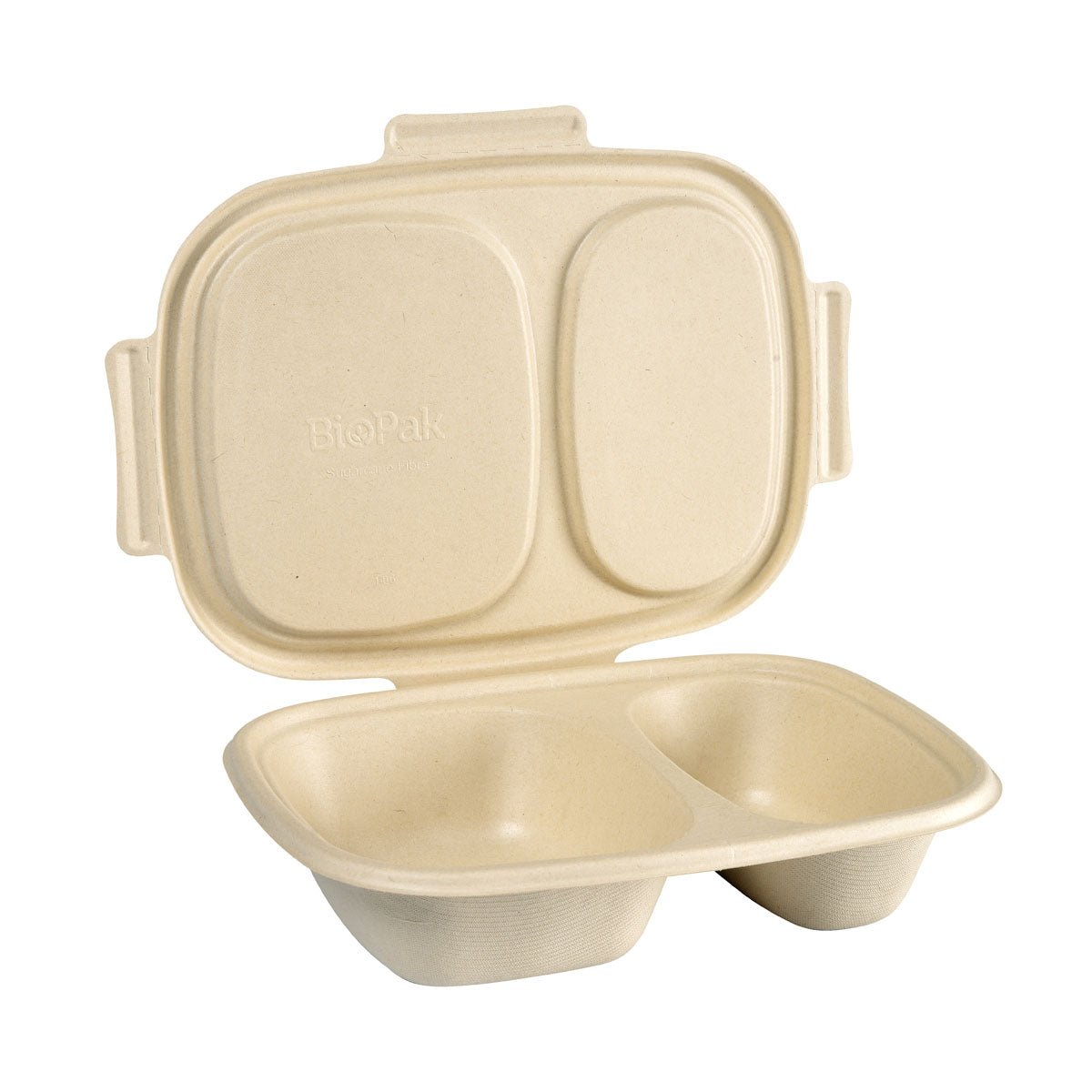 Duni GmbH Bagasse Box Shield 2-jakoinen 600/300 ml, ruskeasta bagassista, suorakaiteen muotoinen kahdella osastolla ja sopivalla taittokannella (426x304x56mm), ympäristöystävällinen pakkaus, esitetään pystyasennossa ja avoimena. Pakkaus à 50 kappaletta.