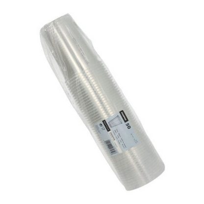 Sarja läpinäkyviä Starpak-muovikuppeja, jotka on järjestetty siististi sylinterin muotoon ja pakattu muovipakkaukseen. Pakkauksessa on etiketti, jossa on tuotetiedot ja viivakoodi. Kyseessä ovat uudet Starpak-muovikupit (PP), joiden tilavuus on 0,4 litraa, mitat Ø 9,5 cm x 12,2 cm ja pakkaus sisältää 50 kappaletta vaahtoreunuksella.