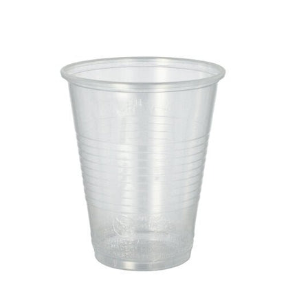 Läpinäkyvä Starpak 20 juomamuki (PP, 0,3 l, Ø 9,5 cm · 11,1 cm) esitetään yksinkertaisella valkoisella taustalla, jossa on levennetty vaahtoreuna ja vaakasuuntaiset tartuntaraidat. Toimitus 20 kappaleen pakkauksessa kutistekalvolla.