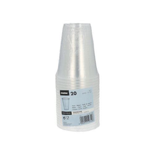 20 läpinäkyvän Starpak polypropeenijuomamukin (0,3 l, Ø 9,5 cm, 11,1 cm) pino on kääritty kutistekalvoon ja siinä on Starpak-tuotemerkki, mukikuva, tuoteinformaatio, vaahtoreunatiedot ja viivakoodi.