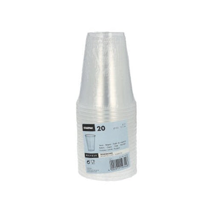 20 läpinäkyvän Starpak polypropeenijuomamukin (0,3 l, Ø 9,5 cm, 11,1 cm) pino on kääritty kutistekalvoon ja siinä on Starpak-tuotemerkki, mukikuva, tuoteinformaatio, vaahtoreunatiedot ja viivakoodi.
