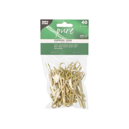 40 kappaletta PAPSTAR Fingerfood-piikkiä „pure“ 6 cm kirkkaassa muovipussissa PAPSTAR GmbH:lta vihreä-valkoisella etiketillä – ihanteellinen tyylikkääseen sormiruokien tarjoiluun.