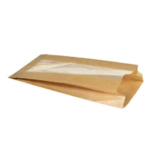 Ruskea Duni GmbH paperipussi sämpylöille, muffineille, bageleille (270x150x50 mm) kartongista/selluloosasta läpinäkyvällä ikkunalla, ympäristöystävällinen, tyhjä ja osittain avattu, valkoisella taustalla. Pakkaus sisältää 1000 kappaletta.