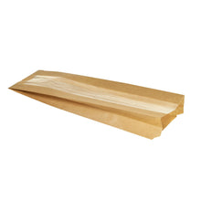 Duni GmbH:n paperipussi patongeille, ruskea kartonki/selluloosa, 370x100x50 mm, pakkaus (1000 kappaletta), sisältää kirkkaan ikkunan ja sopii täydellisesti ympäristöystävälliseksi leipomotuotteiden pakkaukseksi - ihanteellinen leipomoille. Kuvattu valkoisella taustalla.