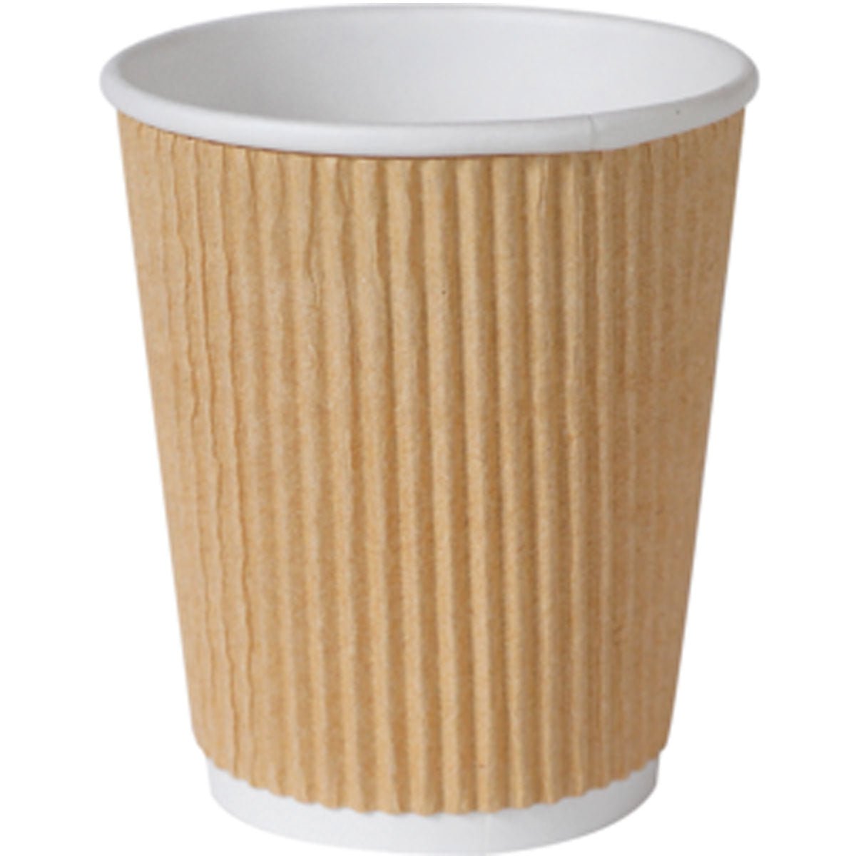 Dunin GmbH ruskea PAP/PLA Triple Wall -lämmitysmuki, jonka tilavuus on 240 ml ja jossa on valkoinen sisus ja uurrettu kuori, seisoo tyhjänä ja pystyasennossa valkoista taustaa vasten. Pakkausyksikkö: 25 kappaletta.