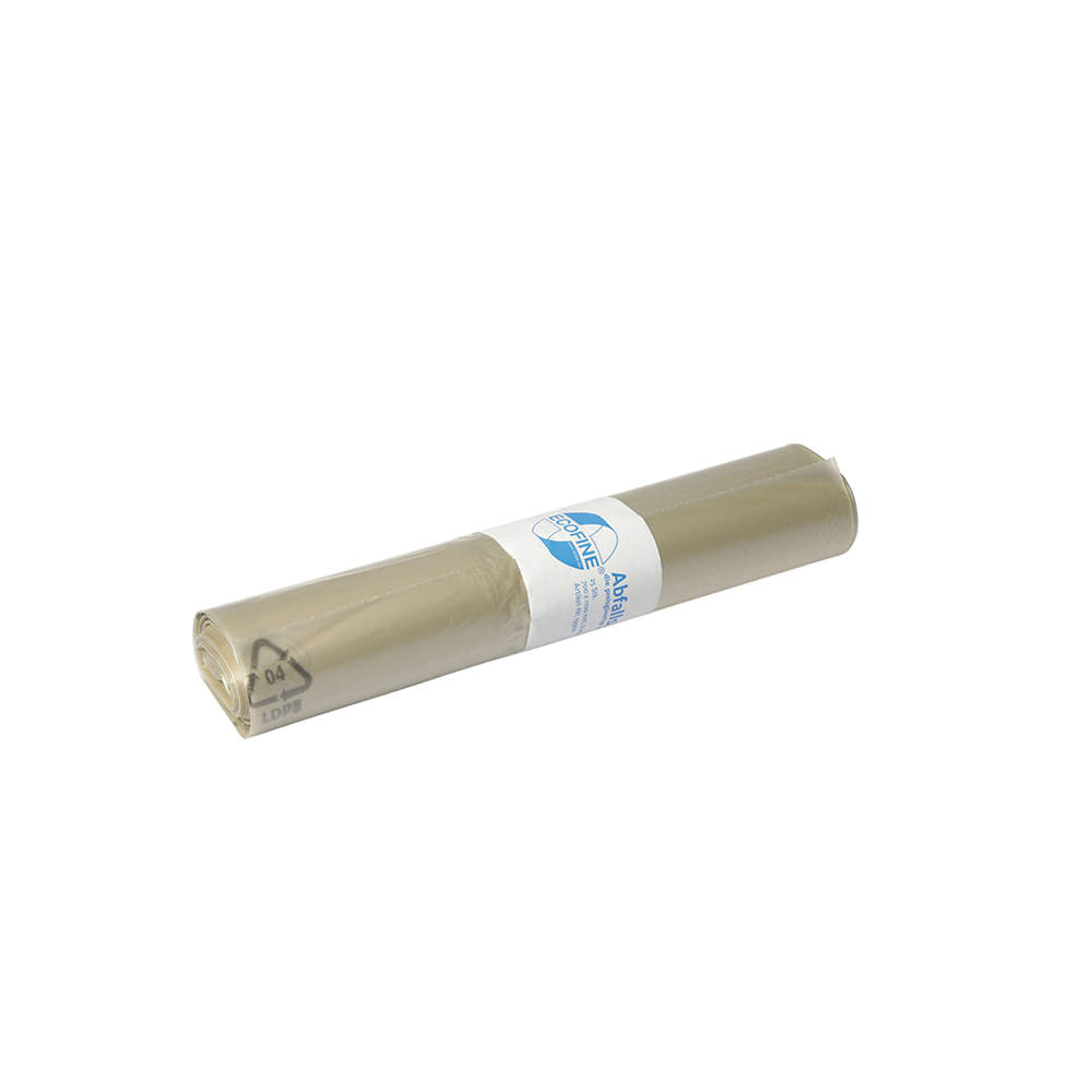 Kuvassa on rulla DEISS ECOFINE® -jätesäkkejä 13900 kierrätetystä LDPE/LLDPE-materiaalista, 120 litraa, EMIL DEISS KG (GmbH + Co.), pakattu valkoiseen etikettiin, jossa on sininen teksti ja grafiikka, valkoisella pohjalla.