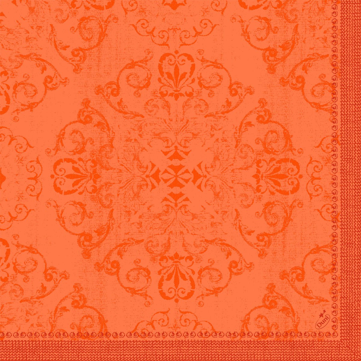 Koristeellinen oranssi damastikuvio kukka- ja spiraali-aiheilla antaa Duni GmbH Dunilin-lautasliinoille 40 x 40 cm 1/4 taitto rakenteellisen vintage-ilmeen - ihanteellinen laadukkaina lautasliinoina joka tilanteeseen.