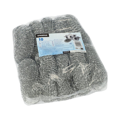Muovipakkaukseen pakattu 10 pyöreän Starpak -kattilanpuhdistuslevyn paketti hopealangasta, jossa on sinivalkoinen etiketti, jossa lukee "Starpak" ja tuotetiedot.