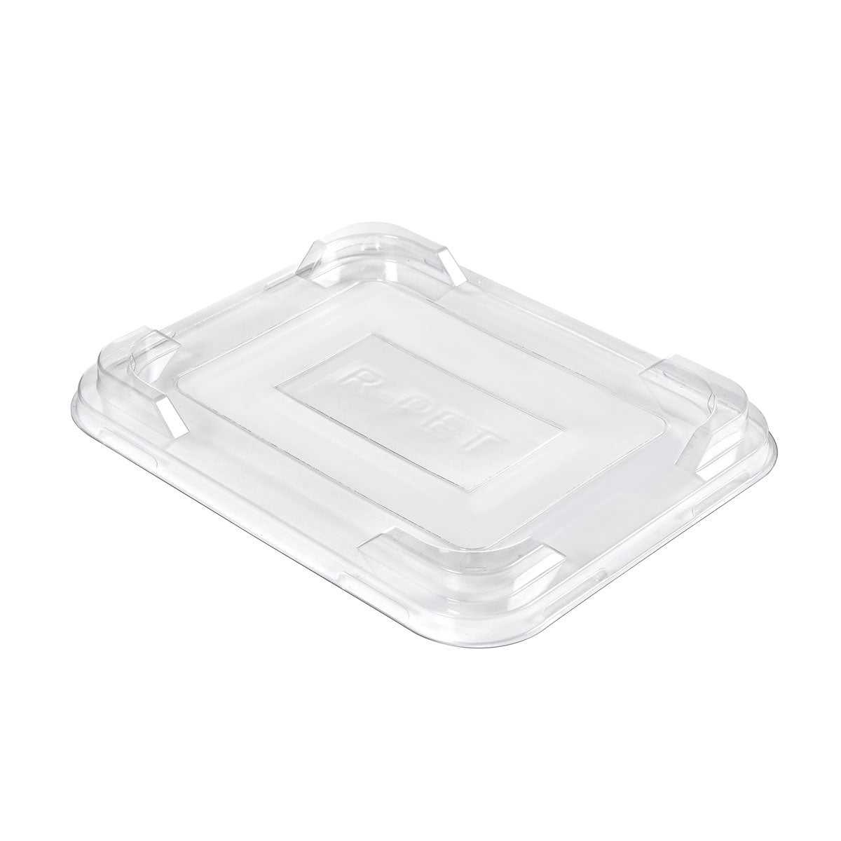 rPET-kansi Duni GmbH:n Fibre Trays Caterline -tarjottimille on kirkas, suorakulmainen kansi (234x186x23 mm) läpinäkyvästä rPET-materiaalista. Siinä on lovetut kulmat ja kohotetut reunat, jotka takaavat varman istuvuuden kuitutarjottimille. Toimitetaan 220 kappaleen pakkauksissa.