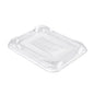 rPET-kansi Duni GmbH:n Fibre Trays Caterline -tarjottimille on kirkas, suorakulmainen kansi (234x186x23 mm) läpinäkyvästä rPET-materiaalista. Siinä on lovetut kulmat ja kohotetut reunat, jotka takaavat varman istuvuuden kuitutarjottimille. Toimitetaan 220 kappaleen pakkauksissa.