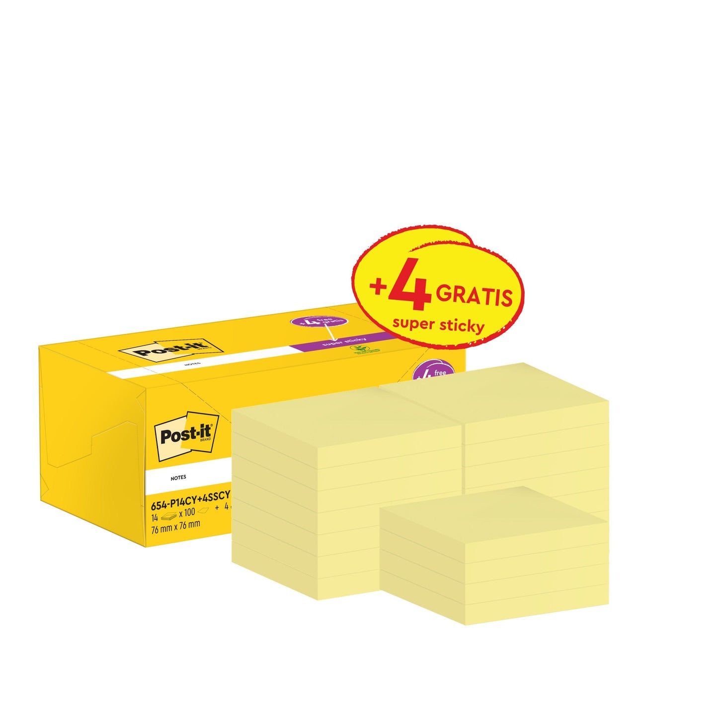Keltainen 3M Post-it® Notes -laatikko (76x76 mm), jossa on useita keltaisia muistilappuja etupuolella; pakkauksessa on 14 lohkoa, joissa on 100 arkkia, ja 4 ylimääräistä Super Sticky Notes -lohkoa (kukin 90 arkkia), jotka on merkitty "+4 ilmaiseksi" -etiketillä.