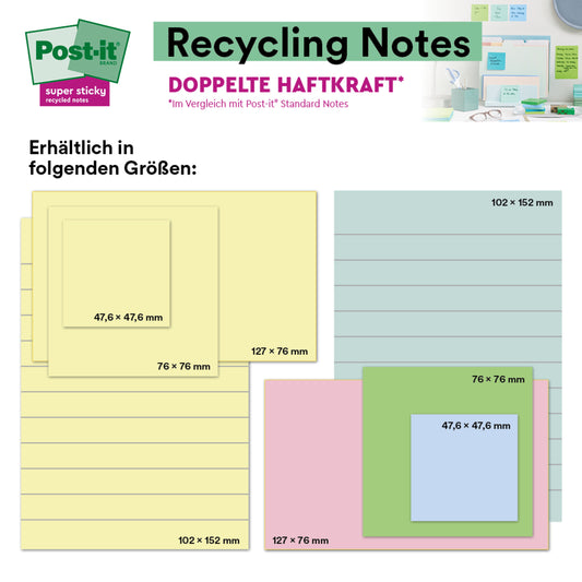 Eine Grafik zeigt 3M Post-it® Super Sticky 100% Recycling Notes, Gelb, liniert, 102 x 152 mm, 45 Blatt pro Block, 4 Blöcke je Packung, PEFC zertifiziert (SGSCH-PEFC-COC-110078) von 3M Deutschland GmbH.