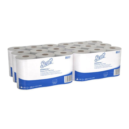 Kimberly-Clark GmbH:n Scott® Essential™ WC-paperin 8517 36 rullaa 2-kerroksista paperia sisältyy kuuteen valko-siniseen pakettiin laatikossa. Tuote on FSC-sertifioitu ja valmistettu kierrätetyistä kuiduista.