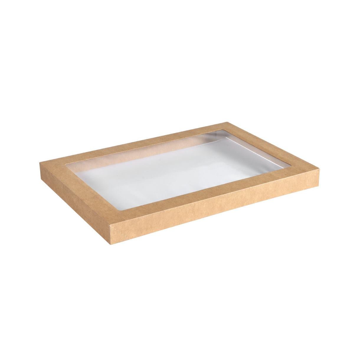Der Duni GmbH Catering-Deckel Cardboard / PLA braun, Medium (364x255 mm), ist eine braune Pappschachtel mit transparentem Deckel, leer vor weißem Hintergrund fotografiert. Die Packung enthält 100 Stück.