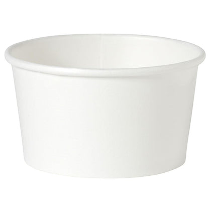 Ein schlichter, weißer Suppenbecher Basic Weiß Karton/PE der Duni GmbH wird vor weißem Hintergrund präsentiert. Der leere Becher hat einen leicht ausgestellten Rand, ideal für den Genuss von Suppen für unterwegs.