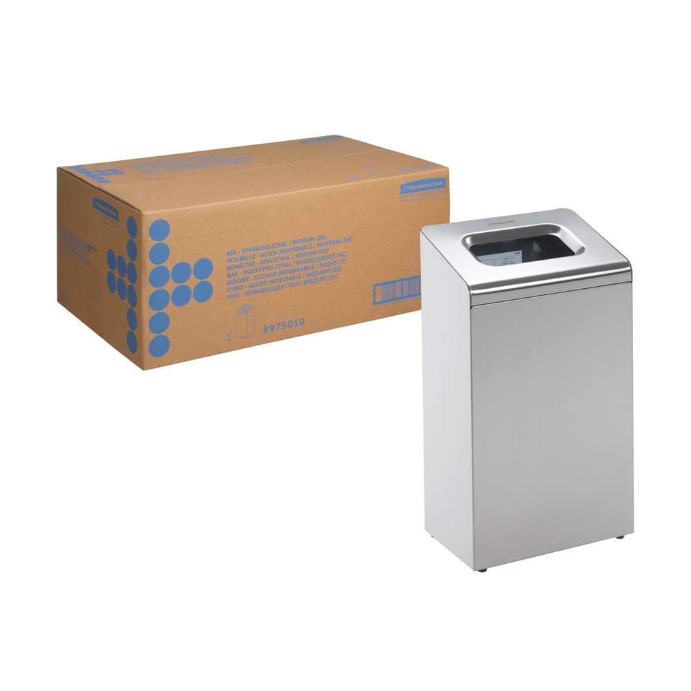 Kimberly-Clark Professional™ -jätesäiliö metallista/ruostumattomasta teräksestä (keskikoko, 1 säiliö) Kimberly-Clark GmbH:lta seisoo neliöaukolla suuren ruskean lähetyslaatikon vieressä, jossa on sinisiä merkintöjä - ihanteellinen toimistoon.