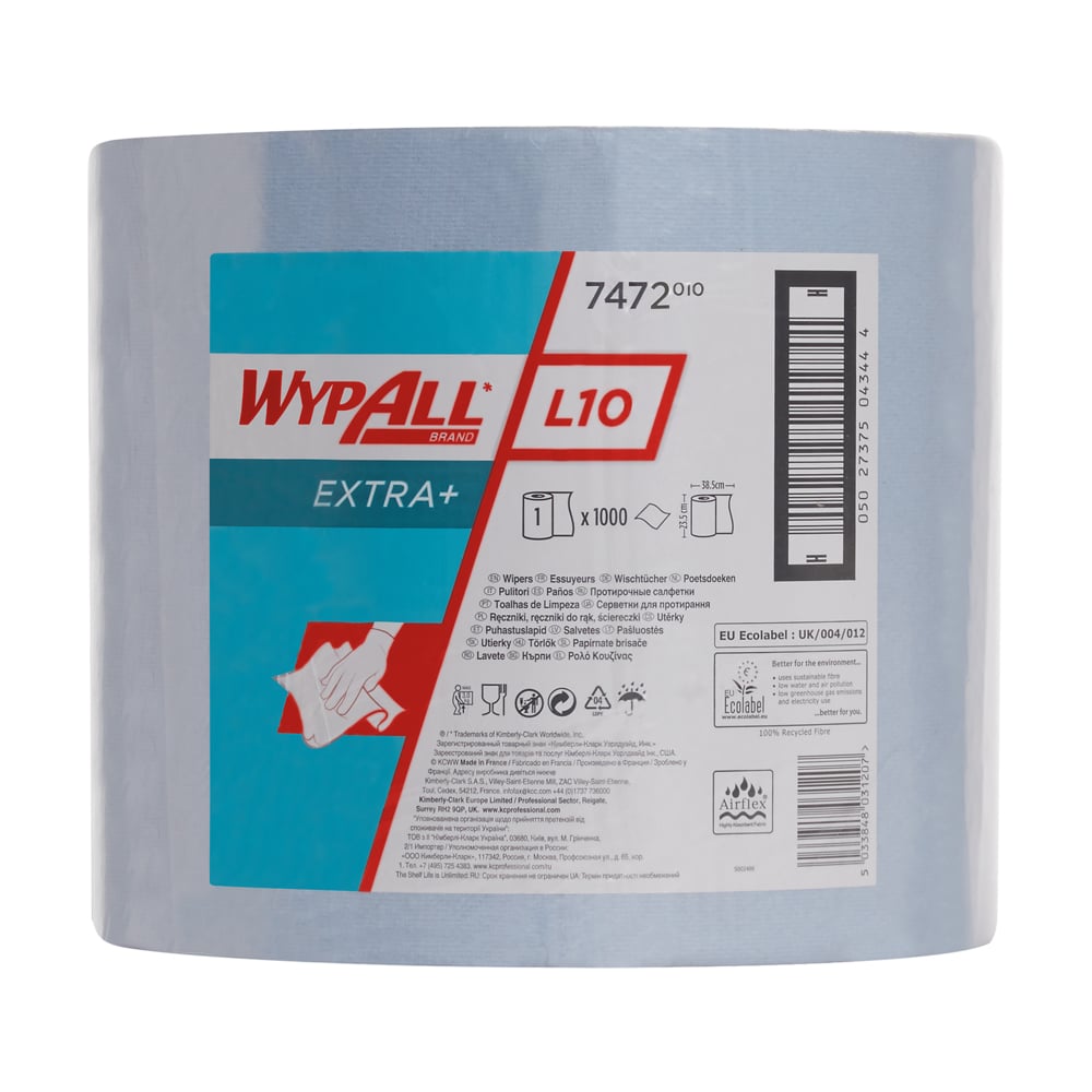 Suuri WypAll® L10 EXTRA+ pyyherulla (38,00 cm x 23,50 cm) Kimberly-Clark GmbH:lta, monikielisellä etiketillä, jossa on tuotetietoja, brändi ja kuvia pintojen puhdistukseen.