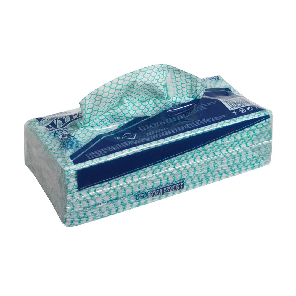 WypAll® X50 Critical Clean Interfold -pyyhkeet Kimberly-Clark GmbH:lta on pakattu 6 vihreään pussiin, joissa kussakin on 50 arkkia - ihanteellinen ympäristöystävälliseen puhdistukseen liikkeellä.