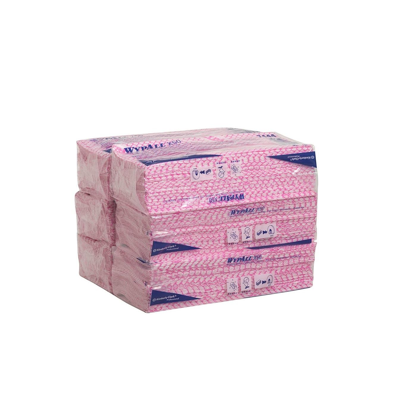 Kuusi pakkausta WypAll® X50 pyyhkeitä - Interfold (41,80 cm x 24,70 cm) Kimberly-Clark GmbH:lta vaaleanpunaisessa muovipakkauksessa, jossa on selkeästi näkyvä brändäys ja symbolit ulkopuolella, teolliseen puhdistukseen.
