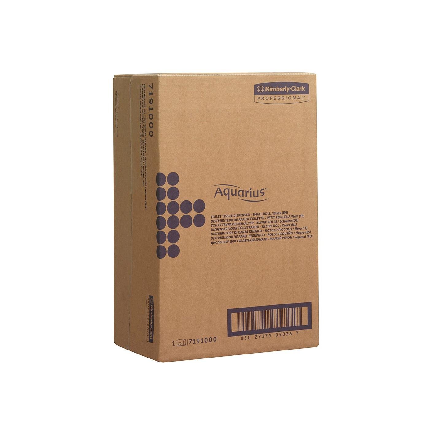 Ruskea pahvilaatikko, jossa on merkintä "Aquarius™ WC-paperiannostelija - Pienet rullat" Kimberly-Clark GmbH:lta (18 x 29,8 x 12,8 cm), seisoo pystyssä ja siinä on mustaa tekstiä ja grafiikkaa valkoisella taustalla.