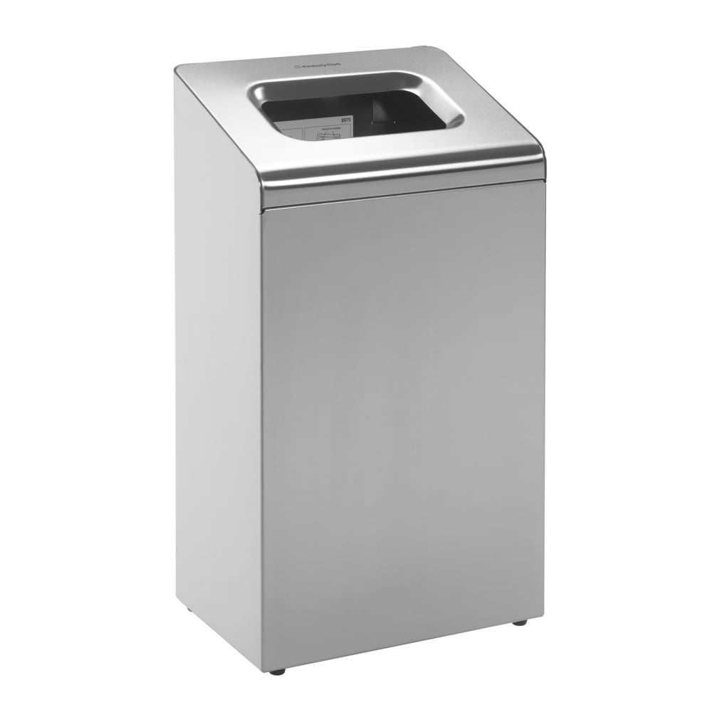 Kimberly-Clark Professional™ -jätesäiliö - Metalli/Ruostumaton teräs/Keskikoko Kimberly-Clark GmbH:ltä erottuu suurella, pyöristetyllä yläaukolla, joka sopii erinomaisesti roskakoriksi toimistoon, kuvattuna yksinkertaisella valkoisella taustalla.