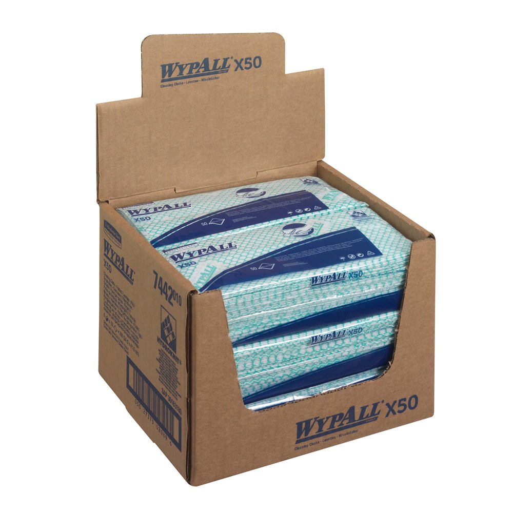 Kimberly-Clark GmbH:n jakelulaatikko sisältää 6 pussia WypAll® X50 Critical Clean Interfold Green -pyyhkeitä (kussakin 50 arkkia); useita pakkauksia on näkyvissä, ja laatikko näyttää tuotetiedot ja brändäyksen ammattimaista puhdistusta varten.