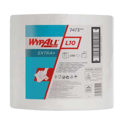 Suuri valkoinen WypAll® L10 EXTRA+ pyyherulla (38,00 cm x 23,50 cm) Kimberly-Clark GmbH:lta sinivalkoisella etiketillä, käyttökaaviolla pintojen puhdistukseen ja viivakoodeilla.