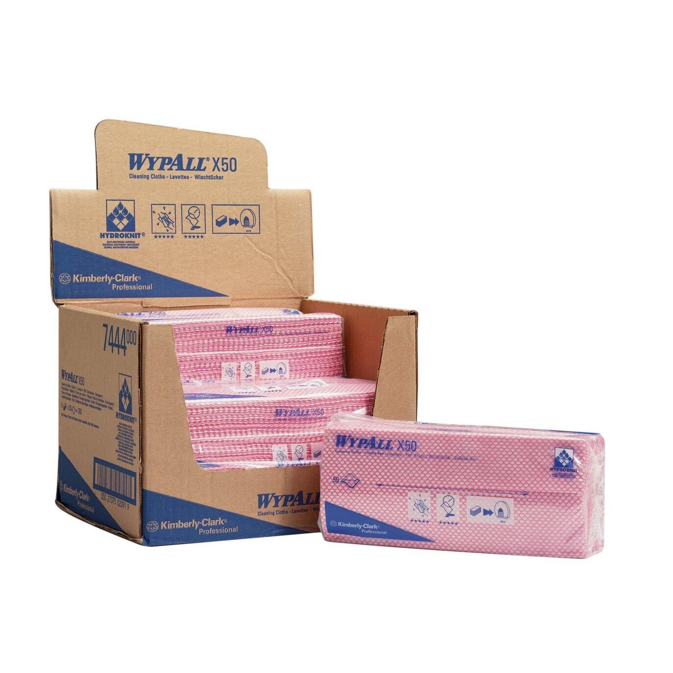 WypAll® X50 pyyhkeiden - Interfold (41,80 cm x 24,70 cm) Kimberly-Clark GmbH:n näyttölaatikko, jossa näkyvä brändäys ja ikonit, näyttää useita otettuja pakkauksia - ihanteellinen teollisiin tai päivittäisiin puhdistustehtäviin.