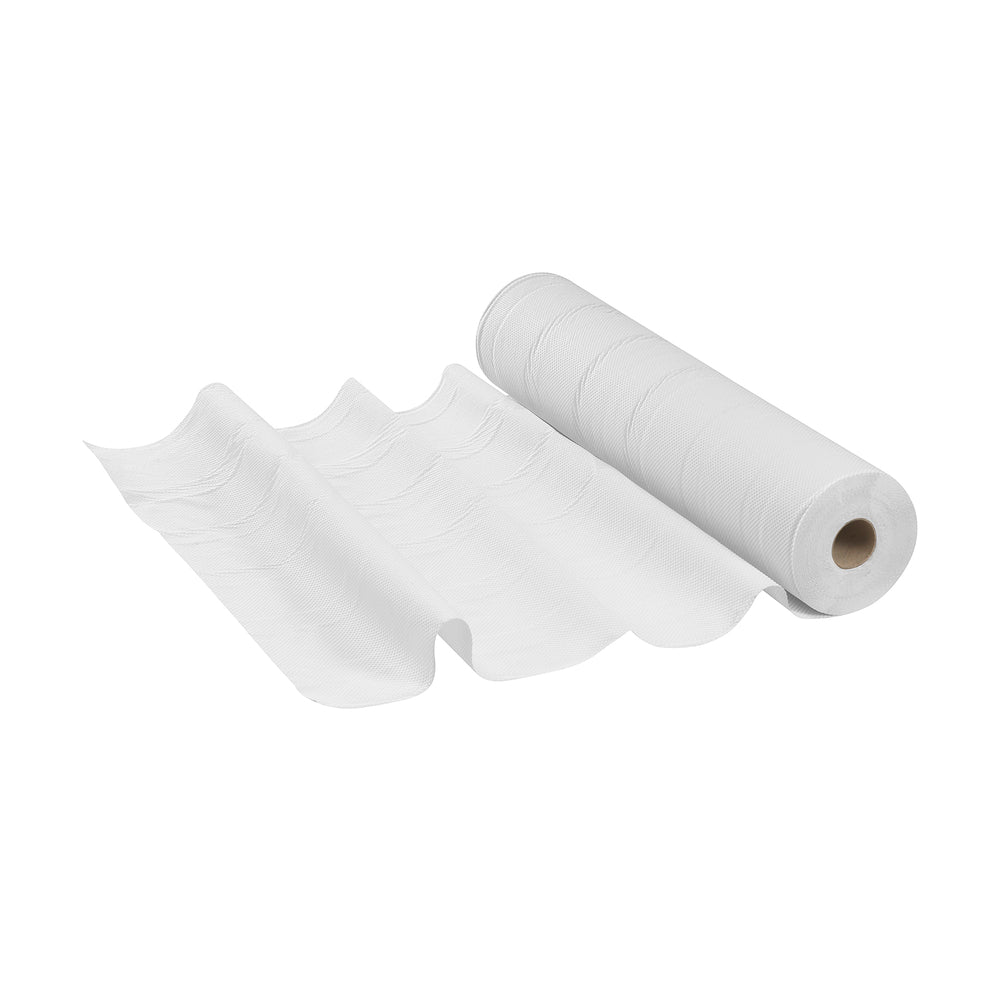 Yksi Scott® ESSENTIAL™ lääkärirulla - Valkoinen Kimberly-Clark GmbH:ltä on osittain avattu, paljastaen perforoituja valkoisia kertakäyttöliinoja - täydellinen käyttöön lääketieteellisissä tiloissa käytännöllisinä lääkärirullina.