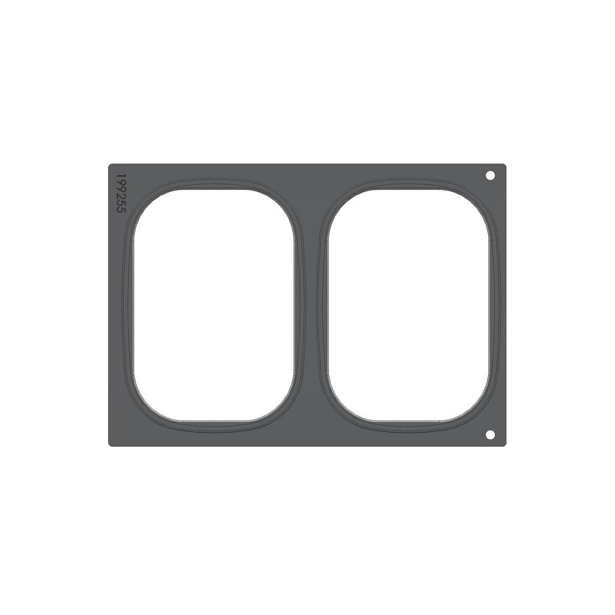 Suorakulmainen harmaa kehys Duni GmbH:lta, kasetti DF 10/DF20 Brick Mediumille (kaksikäyttöinen), kahdella vierekkäisellä pyöreällä aukolla, "19255" pystysuunnassa vasemmassa reunassa painettuna ja kaksi pientä pyöreää reikää oikealla puolella.