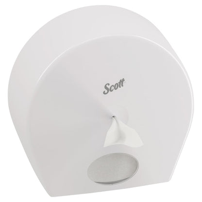 Der Scott® Control™ Toilettenpapierspender (Weiß, Jumbo) von Kimberly-Clark GmbH verfügt über ein durchsichtiges Fenster an der Unterseite, das die Rolle zeigt, und spendet einzelne Blätter hygienisch aus der vorderen Öffnung.