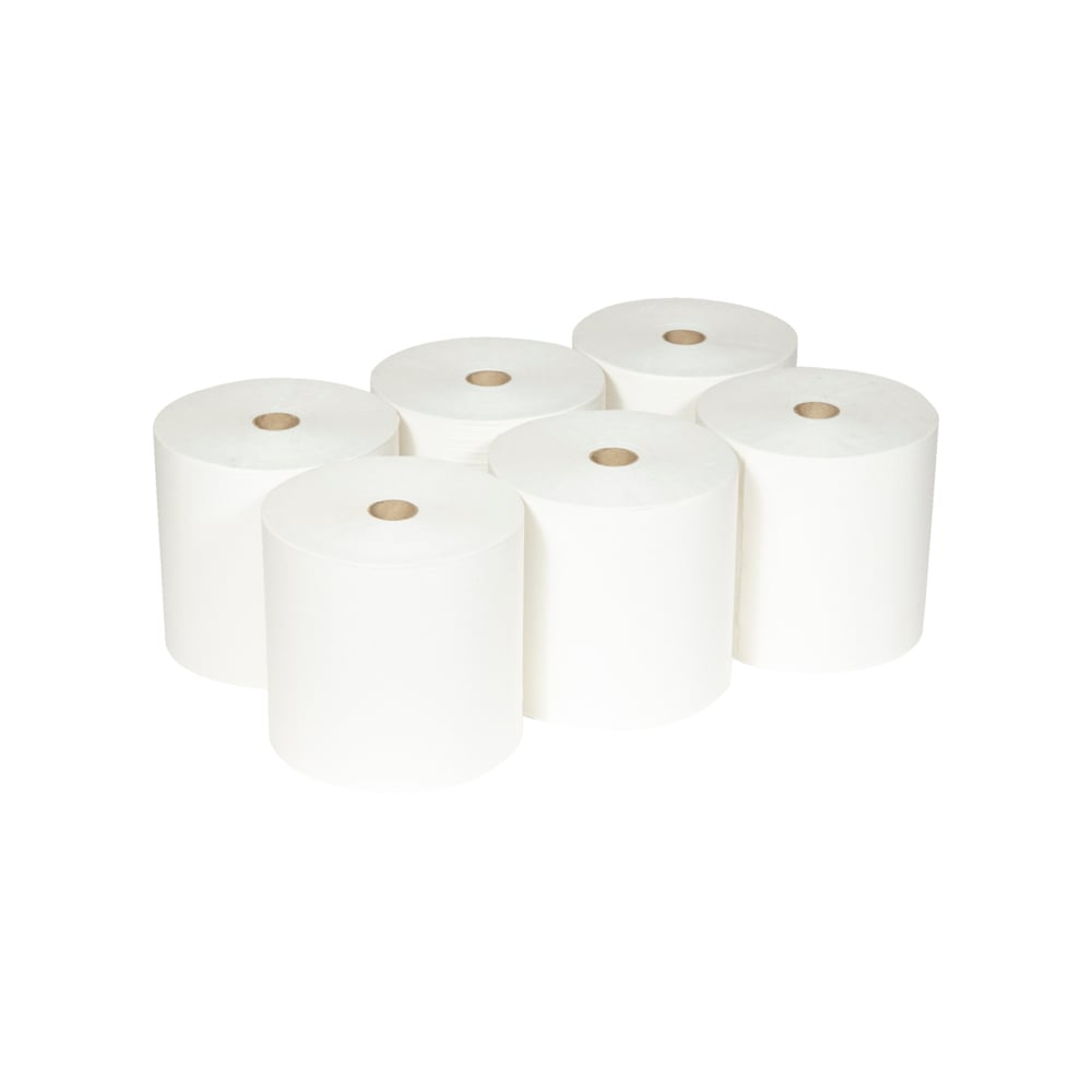 Six Scott® ESSENTIAL™ käsipyyherullat Kimberly-Clark GmbH:lta (valkoinen, 6 rullaa/kartonki) on asetettu kahteen riviin, joissa on kolme kussakin, valkoisella taustalla; jokaisessa rullassa on näkyvä pahviydin.