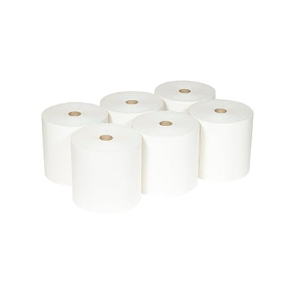 Six Scott® ESSENTIAL™ käsipyyherullat Kimberly-Clark GmbH:lta (valkoinen, 6 rullaa/kartonki) on asetettu kahteen riviin, joissa on kolme kussakin, valkoisella taustalla; jokaisessa rullassa on näkyvä pahviydin.