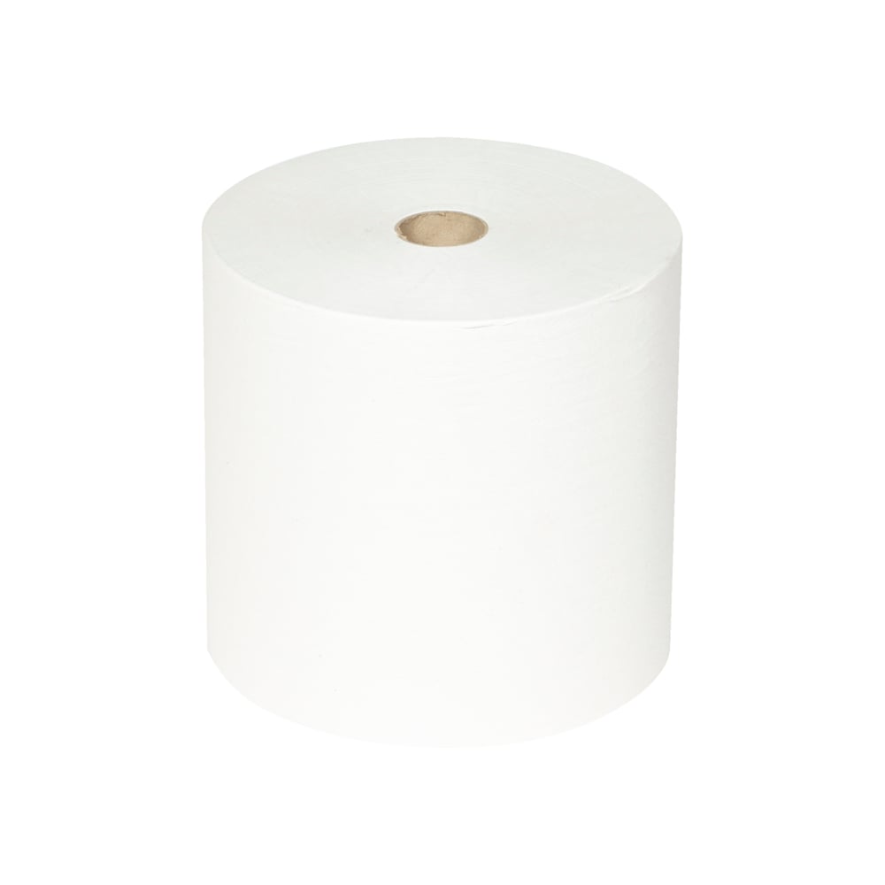 Yksi suuri Scott® ESSENTIAL™ käsipyyherulla Kimberly-Clark GmbH:lta, näkyvä pahviydin, pystyasennossa yksivärisellä valkoisella taustalla; pakkauksesta 6 rullaa x 1 arkki | kartonki (6 rullaa).