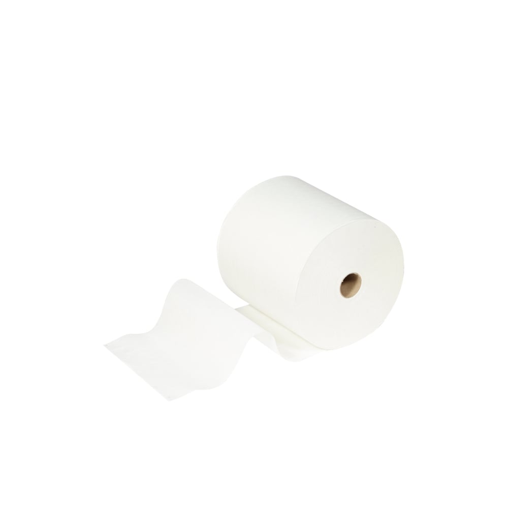 Yksi Scott® ESSENTIAL™ käsipyyherulla Kimberly-Clark GmbH:lta, osa valkoista 6-rullan settiä, näytetään yksivärisen taustan edessä, kun yksi arkki on osittain rullattu ja ulkoneva.