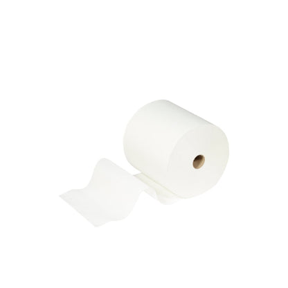 Yksi Scott® ESSENTIAL™ käsipyyherulla Kimberly-Clark GmbH:lta, osa valkoista 6-rullan settiä, näytetään yksivärisen taustan edessä, kun yksi arkki on osittain rullattu ja ulkoneva.