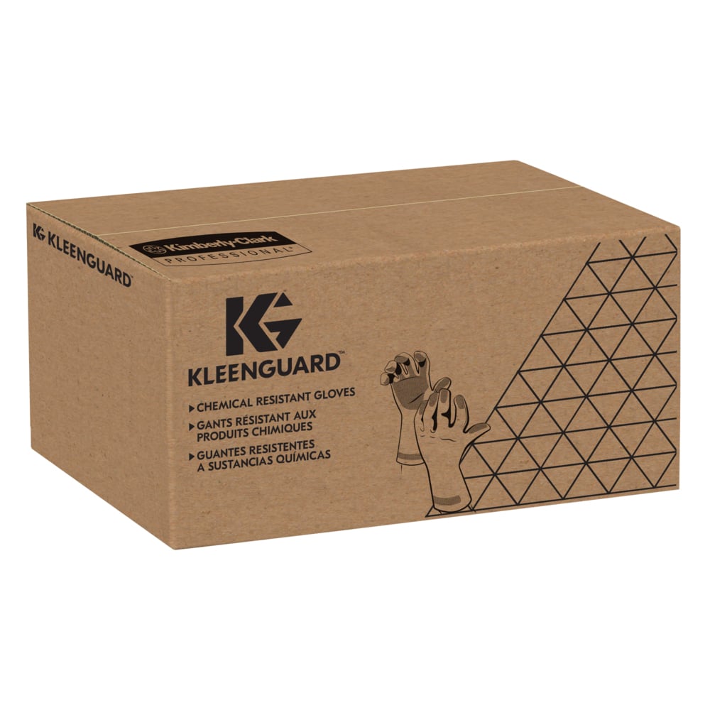Eine braune Schachtel mit der Aufschrift "KleenGuard® G80 Neopren-Chemikalienschutzhandschuhe - 30 cm, handspezifische Paare / Gelb & Blau" der Kimberly-Clark GmbH, mit Handschuhabbildungen, dreisprachigem Text und einem dreieckigen Linienmuster auf der rechten Seite.