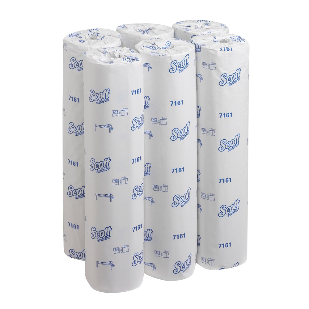 Kuusi pystysuoraa Scott® ESSENTIAL™ lääkärirullaa - Valkoinen Kimberly-Clark GmbH:ltä valkoisessa pakkauksessa sinisellä brändäyksellä ja tuotenumerolla 7161, yksittäispakattuna - ihanteellinen hygieniatuote lääketieteellisiin tiloihin.
