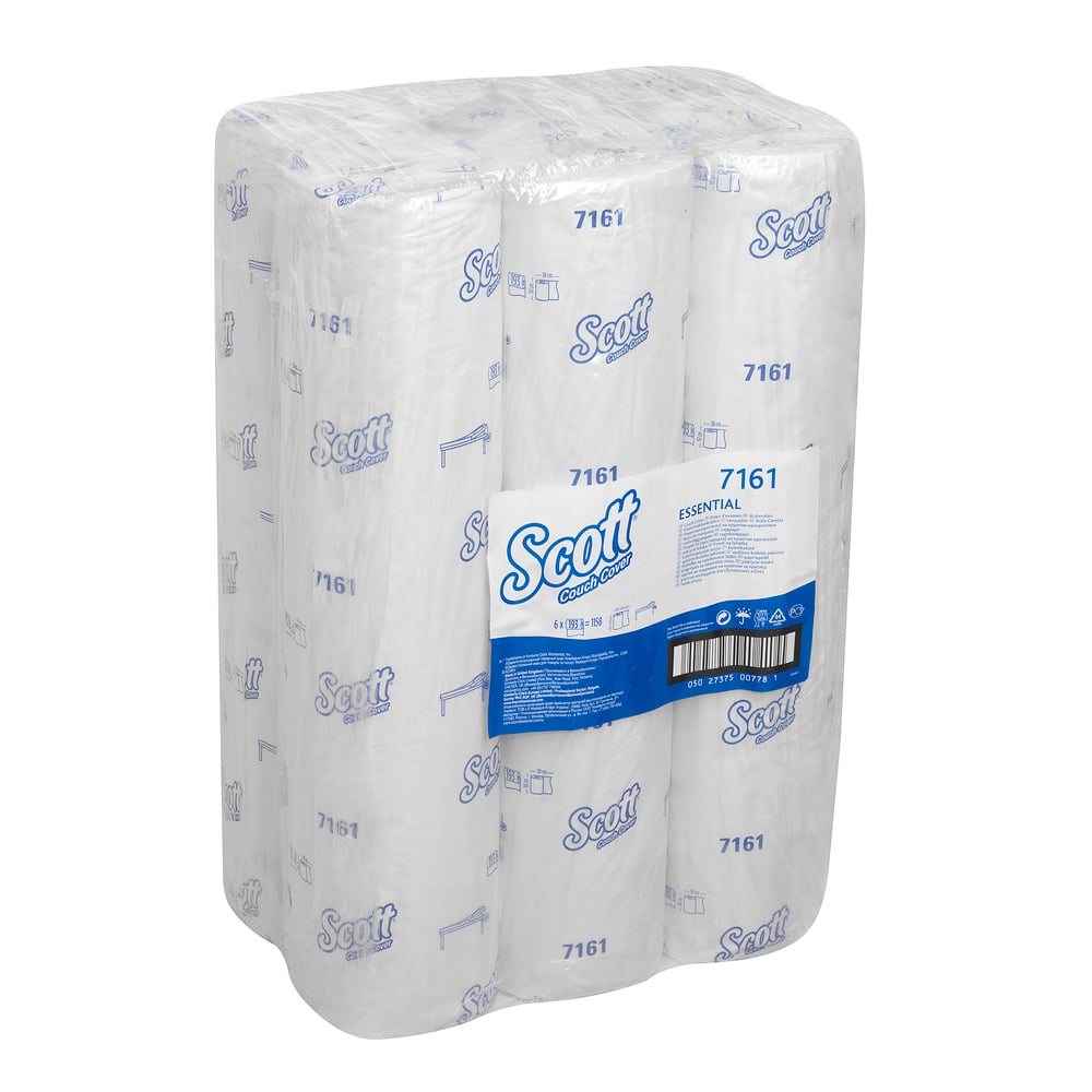 Suuri pakkaus Scott® ESSENTIAL™ lääkärirullia - Valkoinen Kimberly-Clark GmbH:ltä, suunniteltu hygieniseen käyttöön lääketieteellisissä tiloissa; merkki ja tuotetiedot on painettu sinisellä, ja rullat on pinottu pystysuoraan läpinäkyvään pakkaukseen.